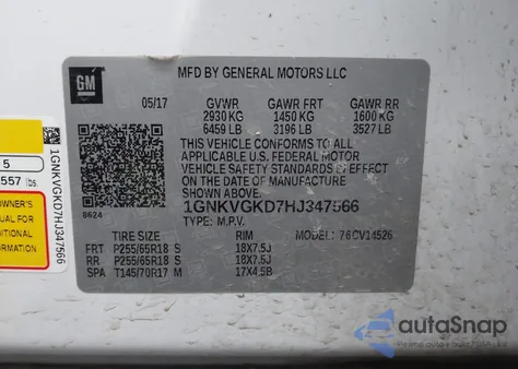 2017 Chevrolet Traverse 1Lt from USA, damaged, VIN 1GNKVGKD7HJ347566